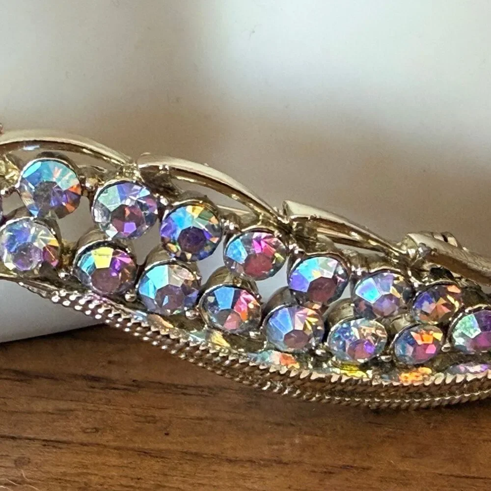 Vintage Aurora Borealis Rhinestone Feather Brooch Pin